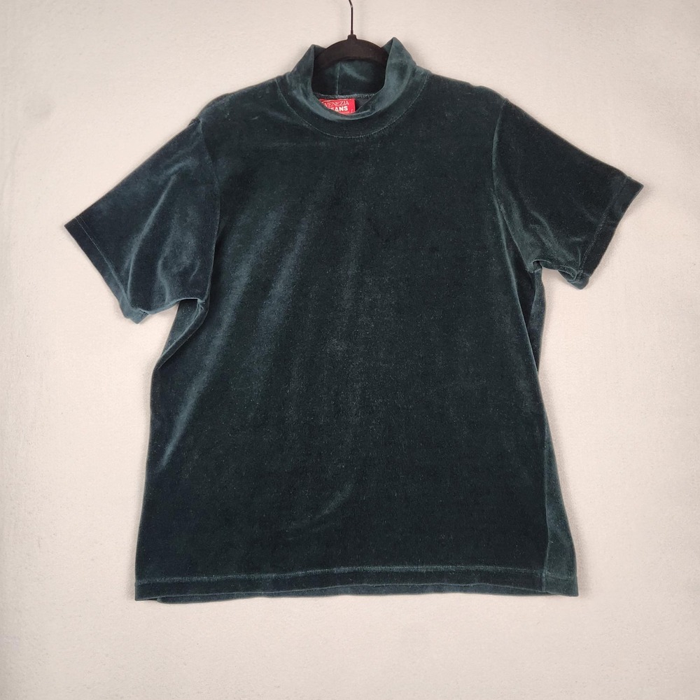 Vtg‎ Venezia Jeans Shirt Womens 18/20 Green Velvet Mock Neck Short Sleeve Top